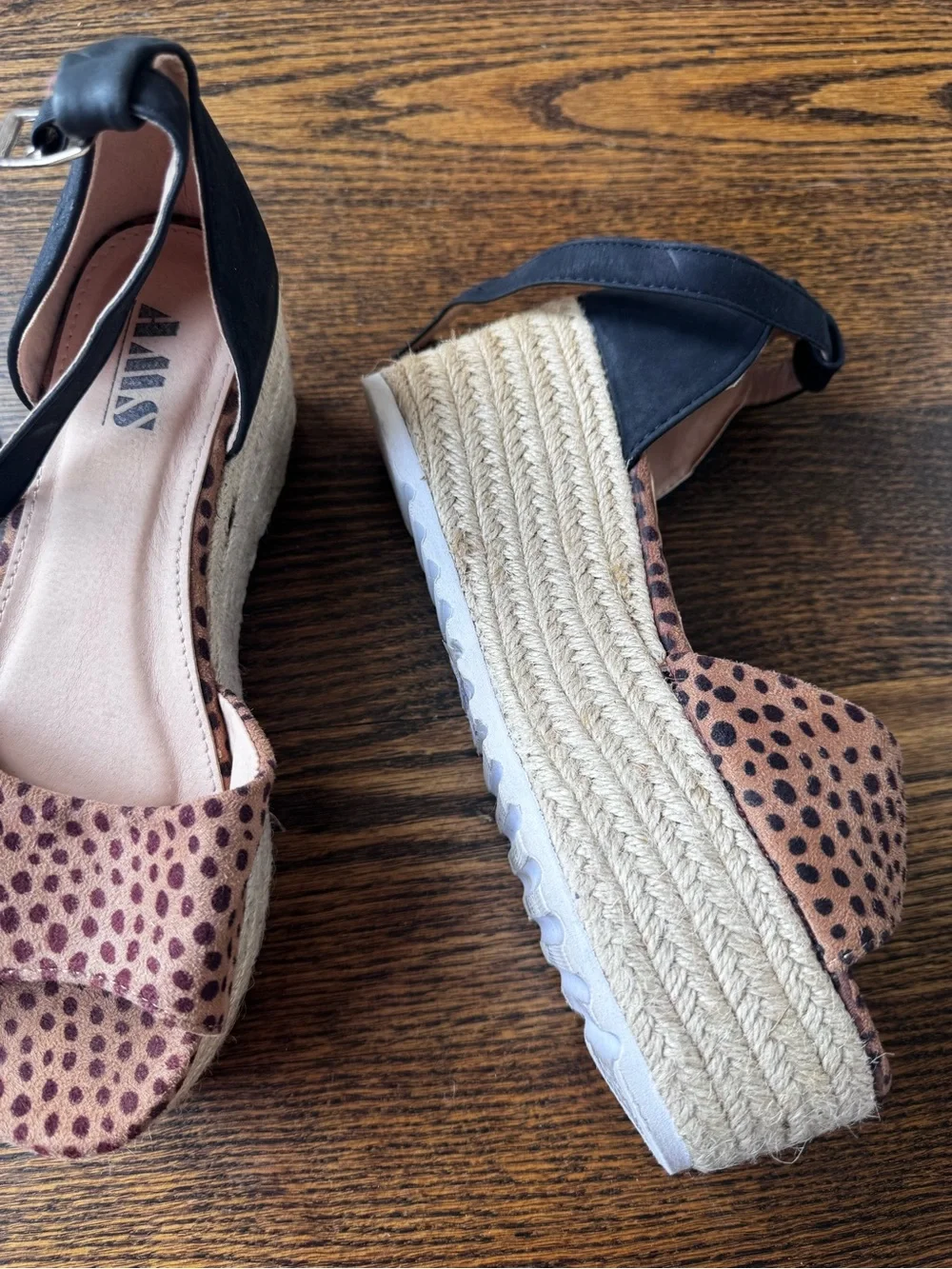 AMAS Leopard Print Brown Espadrille Wedge Sandals with Black Ankle Strap